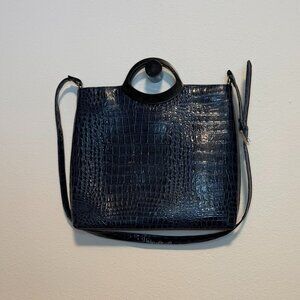 Black Croc Embossed Shoulder Bag with Resin Top Handle